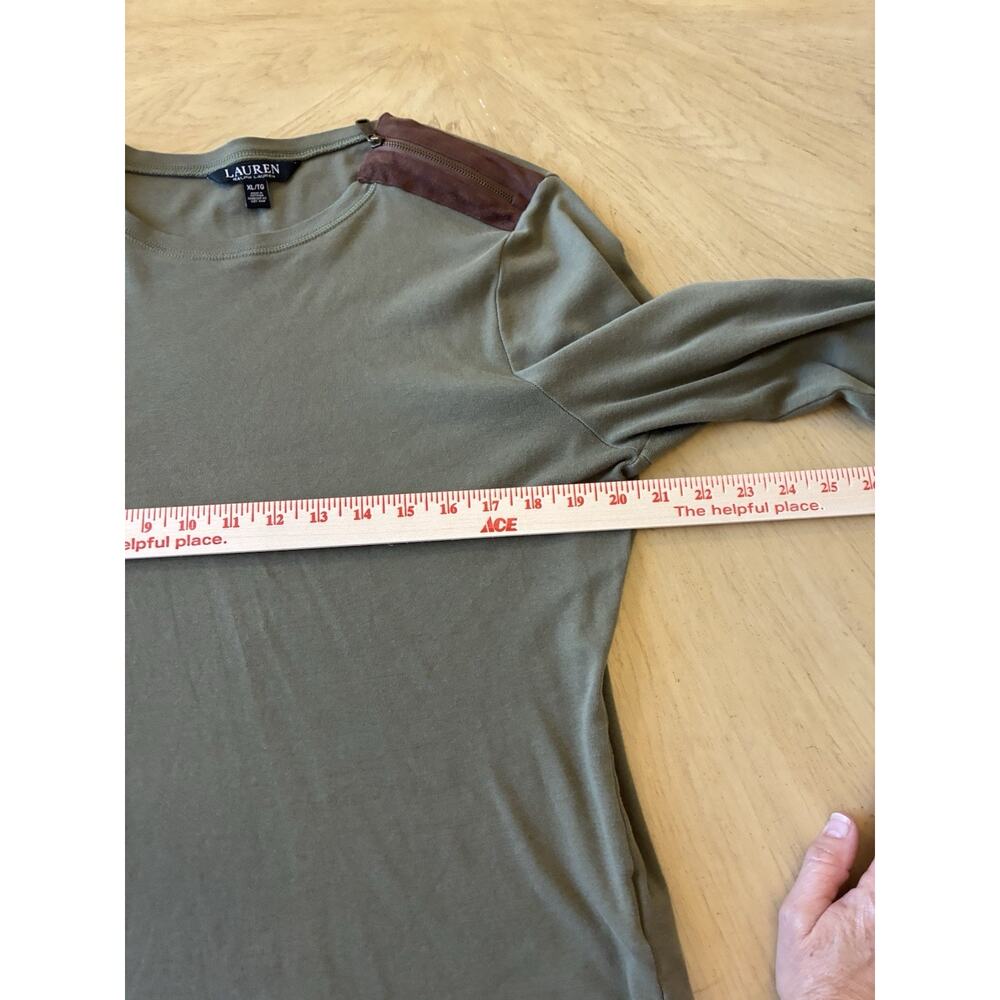 Ralph Lauren Olive Green Long Sleeve Top Suede Elbow Patch Equestrian Preppy XL - Picture 7 of 16